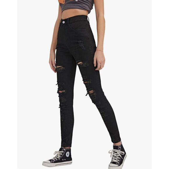 NEW High Waisted Stretch Ripped Skinny Jeans Distressed Denim Black 26W - Picture 4 of 6